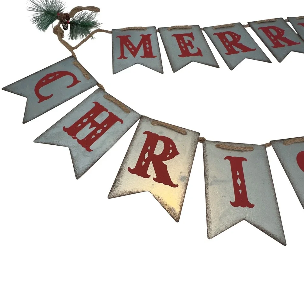 Merry Christmas Galvanized Metal Banner Rustic‎ Farmhouse Holiday Bunting 42in